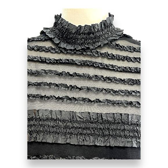 TADASHI Neiman Marcus Sheer Black Mini Ruffle Black Sparkle Cap Sleeve Top 8 - Picture 7 of 16
